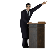 Courtroom Leader in 3D. A male judge stands behind a wooden pulpit with his left hand pointing in a certain direction and his right hand on the wooden pulpit. Cartoon Judge png