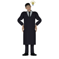 Professional Judge 3D Art. A male judge stands with both hands on his waist and beside his head there is a light bulb symbol. Male Character png