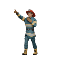 Illustrative 3D Male Firefighter. A firefighter is standing while communicating via a walkie talkie in his hand while the other hand is pointing upwards. Firefighting Leader png