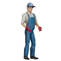 3D Cartoon Auto Technician. A male mechanic is standing with open hands that appear to be interacting with others or explaining the next steps. Mechanical Skills png