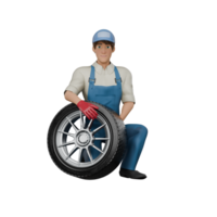 Automotive Expert 3D Model. A male mechanic is kneeling next to a car tire while his right hand is on the tire while his left hand rests on his thigh. Mechanic Cartoon png