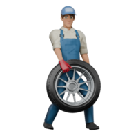 Professional Mechanic 3D Cartoon. A male mechanic is standing while holding a car tire with both hands. Male Auto Expert png