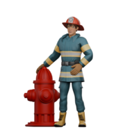 Professional Firefighter Character in 3D. A firefighter stands next to a red hydrant with his right hand holding the red hydrant while his left hand is on his stomach. Male png