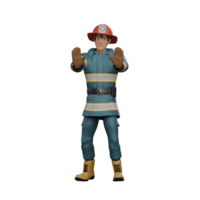 Male Firefighter Character. A firefighter stands with both hands facing forward in a position as if signaling to stop. 3D Emergency Style png