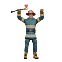 3D Male Firefighter. A firefighter stands with both hands raised, right hand holding a firefighter's axe while left hand is clenched into a fist. Illustrated Character png