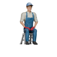 3D Professional Mechanic Character. A male mechanic is sitting on a small ladder with both hands placed on his lap, as if he has just finished his task and is resting. Male Technician png
