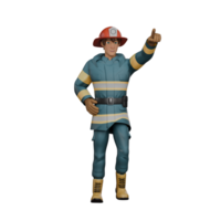 Firefighter's Daily Routine in 3D. A firefighter is standing with his left hand pointing in a certain direction as if giving directions while his right hand is on his waist. Male Cartoon png