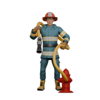 Male Firefighter in Action. A firefighter stands preparing to use a water hose connected to a red hydrant pipe. 3D Firefighting Scene png