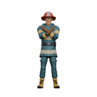 3D Cartoon Firefighter Character. A firefighter stands with both arms crossed in front of his chest. Emergency Response Model png