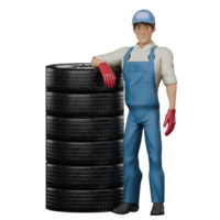 3D Animated Mechanic. A male mechanic stands leaning against a pile of tires with his right hand placed on the tire. Male Auto Repair Figure png