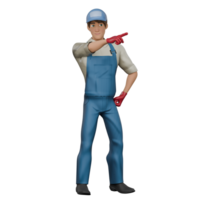 Professional Mechanic Character in 3D. A male mechanic stands with his left hand on his waist while his right hand points forward. Male png