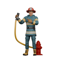 3D Male Firefighter at Work. A firefighter stands holding a fire extinguisher connected to a red hydrant with his right hand while his left hand points towards the pipe. Firefighting Cartoon png