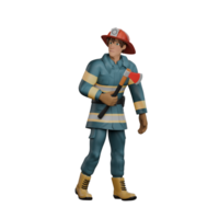 3D Male Firefighting Character. A firefighter is holding an ax with a serious face as if in vain to carry out emergency action. Firefighter Professional png