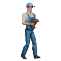of a Male Mechanic. A male mechanic walks to the right holding a drill in his right hand. 3D Style png