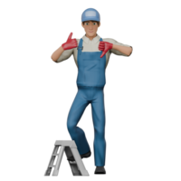 3D Male Technical Mechanic. A male mechanic stands with his right foot stepping on a small ladder, while his right hand is pointing his thumb up up and the left hand points the thumb down. png