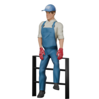 Professional Mechanic 3D Art. A male mechanic sits on a fence or barrier, as if he is resting. Male Character png