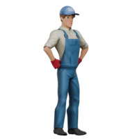 Male Mechanic 3D Model. A male mechanic is standing with both hands on his waist as if looking for a solution for the next activity. Auto Shop Environment png
