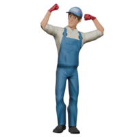 Male Mechanic in Technical 3D. A male mechanic stands with both hands bent upwards, showing his arm muscles as if showing off his strength. Professional Character png