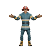 Firefighting Expert 3D Model. A firefighter stands with his arms outstretched as if to greet or give an explanation. Fireman Cartoon png