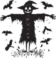 Scarecrow Halloween with crows linear black vector