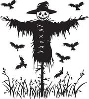 Scarecrow Halloween with crows linear black vector