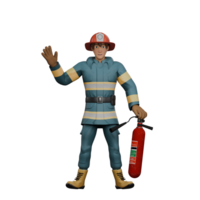 masculino bombeiro. uma bombeiro carrinhos acenando dele mão e segurando uma fogo extintor dentro dele certo mão. 3d profissional personagem png