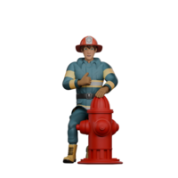 3D Model of Professional Male Firefighter. A firefighter kneels next to a red fire hydrant while gesturing with a thumbs up. Firefighting Character png