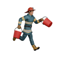 3D Male Firefighter Character in Action. A firefighter runs quickly while carrying a bucket in each hand. Professional png
