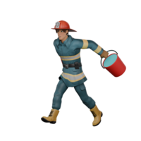 3D Professional Male in Firefighter Role. A firefighter runs with a red bucket as if he is facing an emergency. Firefighting png
