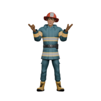 Firefighter Male Professional. A standing firefighter is giving a hand up gesture, as if he is making a presentation. 3D Firefighting png