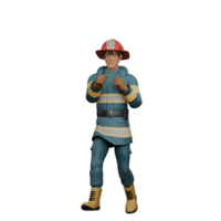 3D Firefighting Character. A firefighter is standing in a fighting position, with both hands raised as if facing a challenge or dangerous situation. Male Firefighter png
