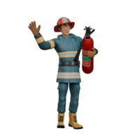 Cartoon Style Fire Rescuer. A firefighter is standing holding a fire extinguisher in his hand while the other hand is raised upwards with the palms open facing forward, as if greeting. 3D Male png