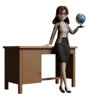 female Teacher Cartoon Character. A female teacher stands in front of a wooden table, with her left hand holding a globe while her right hand is on the table. 3D Educational png