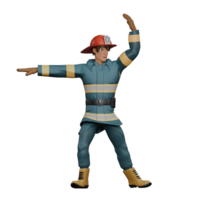 Male Firefighter in Fire Setting. A firefighter stands with one hand facing forward while the other is up, as if he is regulating a traffic jam. 3D Character png