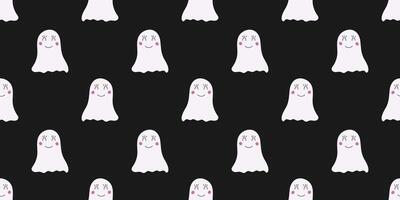 Seamless pattern for Halloween with spooky ghost on black background. Holiday backdrop for wrapping paper, fabric, textile, scrapbook. vector