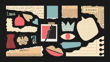 Crumpled torn paper sheet. Notebook pieces jagged edges. Collage ripped frame, speech bubbles and textbox. Newspaper Collage fragments vector