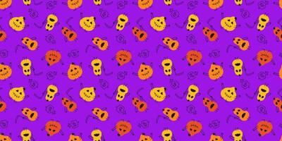Repeatable funny Halloween Pumpkins Pattern on violet backdrop. Emotional hand drawn characters on seamless design. Rip, grim Reaper vector