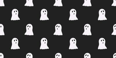 Ghost Seamless pattern for Halloween on black background. Holiday backdrop for wrapping paper, fabric, card, cover. White fun minimalist hand drawn element for holiday vector