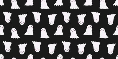 Seamless Halloween pattern of cute funny Ghosts on black background. hand drawn minimalist endless illustration vector