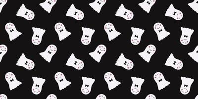 Halloween Seamless pattern with hand drawn cute Ghost on dark background. Holiday backdrop for wrapping paper, fabric, textile, scrapbook. White fun minimalist element for holiday vector