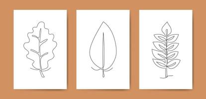 Autumn Leaves One continuous line cards set. Vertical Wall decoration, business postcard minimalist hand drawn design with editable stroke. vector