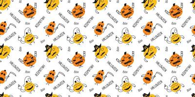 Halloween seamless pattern of funny pumpkins and handwritten words. Hand drawn vegetables with face and emotions, pirate and wizard with potion. Endless banner for wrapping paper, prints and cards. vector