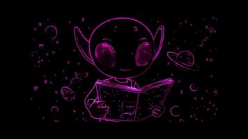 Neon frame effect,Adorable Alien with a Space Map on black background video