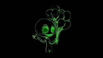 Neon frame effect,Playful Alien with Balloons on black background video