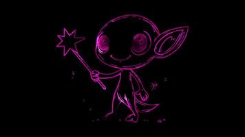 Neon frame effect,Happy Alien with a Star Wand on black background video