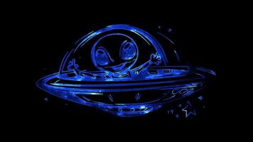 Neon frame effect,Smiling Alien and UFO on black background video
