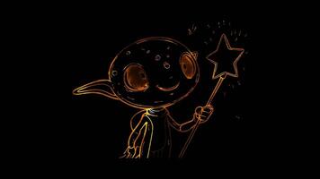 Neon frame effect,Happy Alien with a Star Wand on black background video