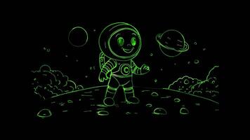 Neon frame effect,Cheerful Alien in a Spacesuit on black background video