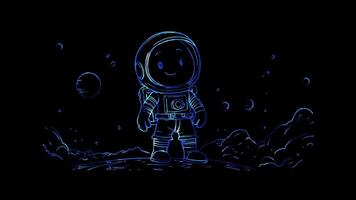 Neon frame effect,Cheerful Alien in a Spacesuit on black background video