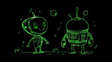 Neon frame effect,Playful Alien and Robot on black background video